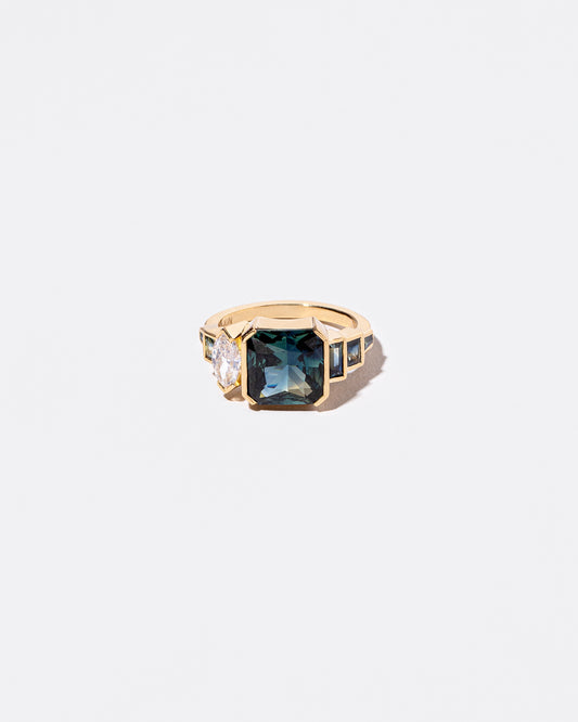 Cut Corner, Step Cut Sapphire & Diamond Line Cluster Ring front facing