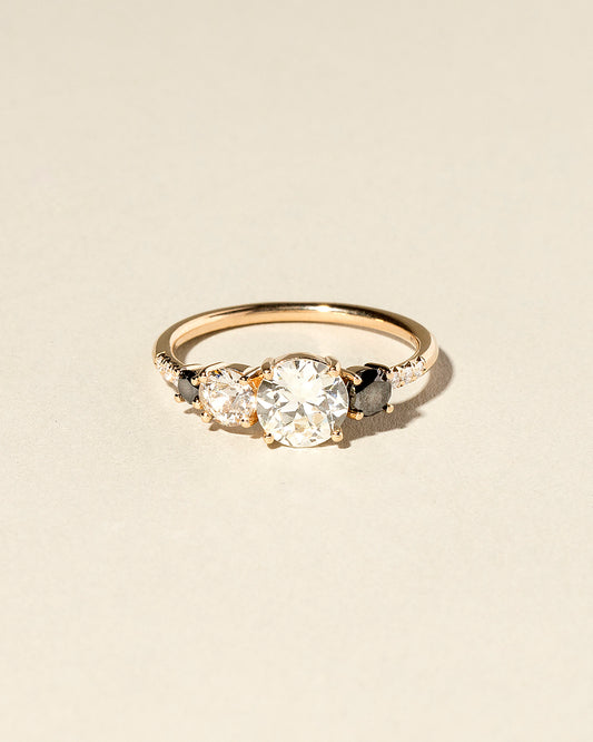 Old European Cut Diamond & Round Brilliant Cut Black Diamond Line Cluster Ring front view