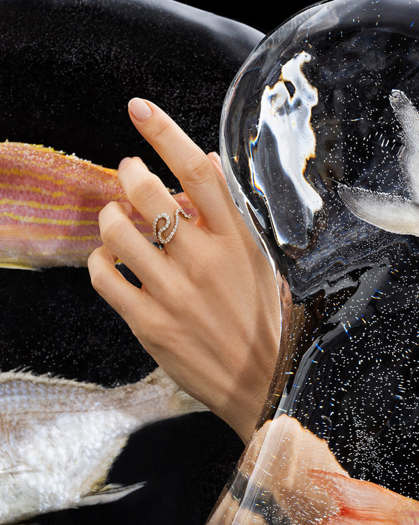 Photo of fish frozen in ice blocks and han wearing the Tsunami Ring from the Wave Collection