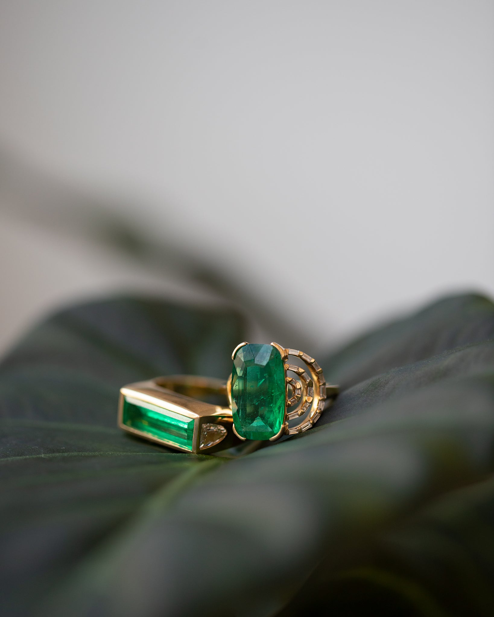 Emerald rings on leaf.