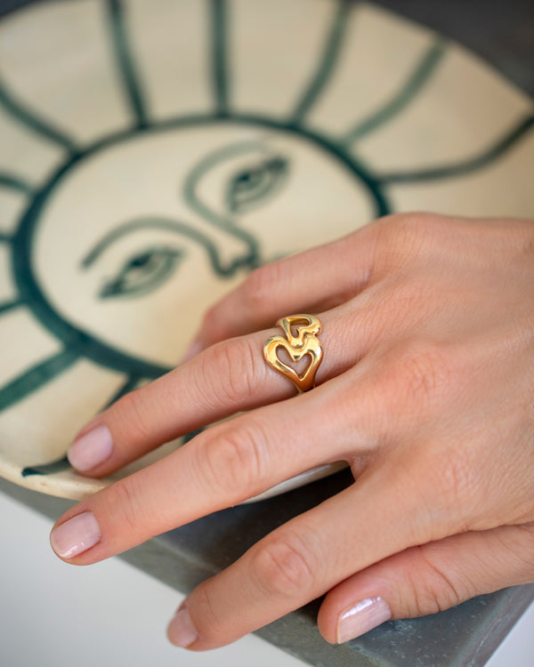 Photo of model's hand wearing the Thousand & One Nights Ring over a sun face plate.