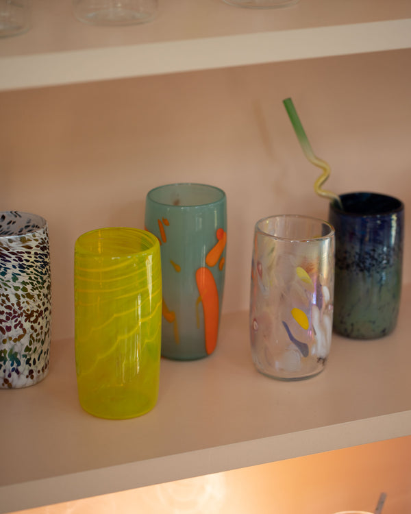 Photo of five glass tumblers in a mix of patterns by Sirius Glassware