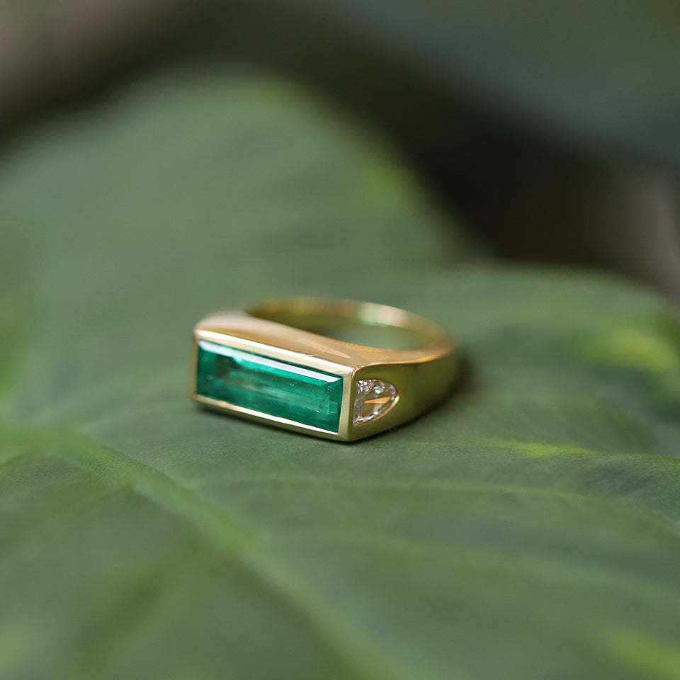 Hidden Details Collection engagement ring in yellow gold featuring a green emerald, on green leaf.