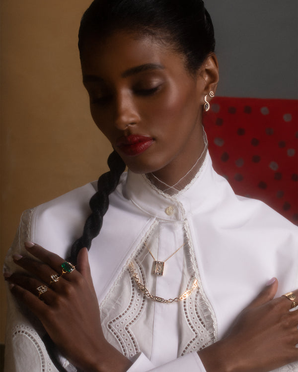 Styled image featuring a model wearing jewelry from the Balance Collection.