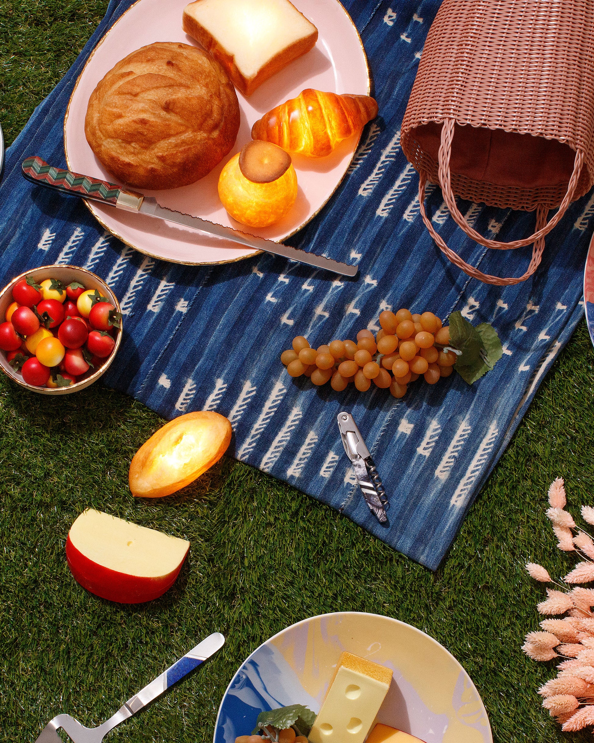 Styled Image featuring Pampshade Toast, Croissant, Chamignon, Boule and Petit Boule Lamps, with Santa Fe Stoneworks Bread Knife, Cheese Slicer and Waiter's Knife, with a Palorosa Tote Bag Basket.