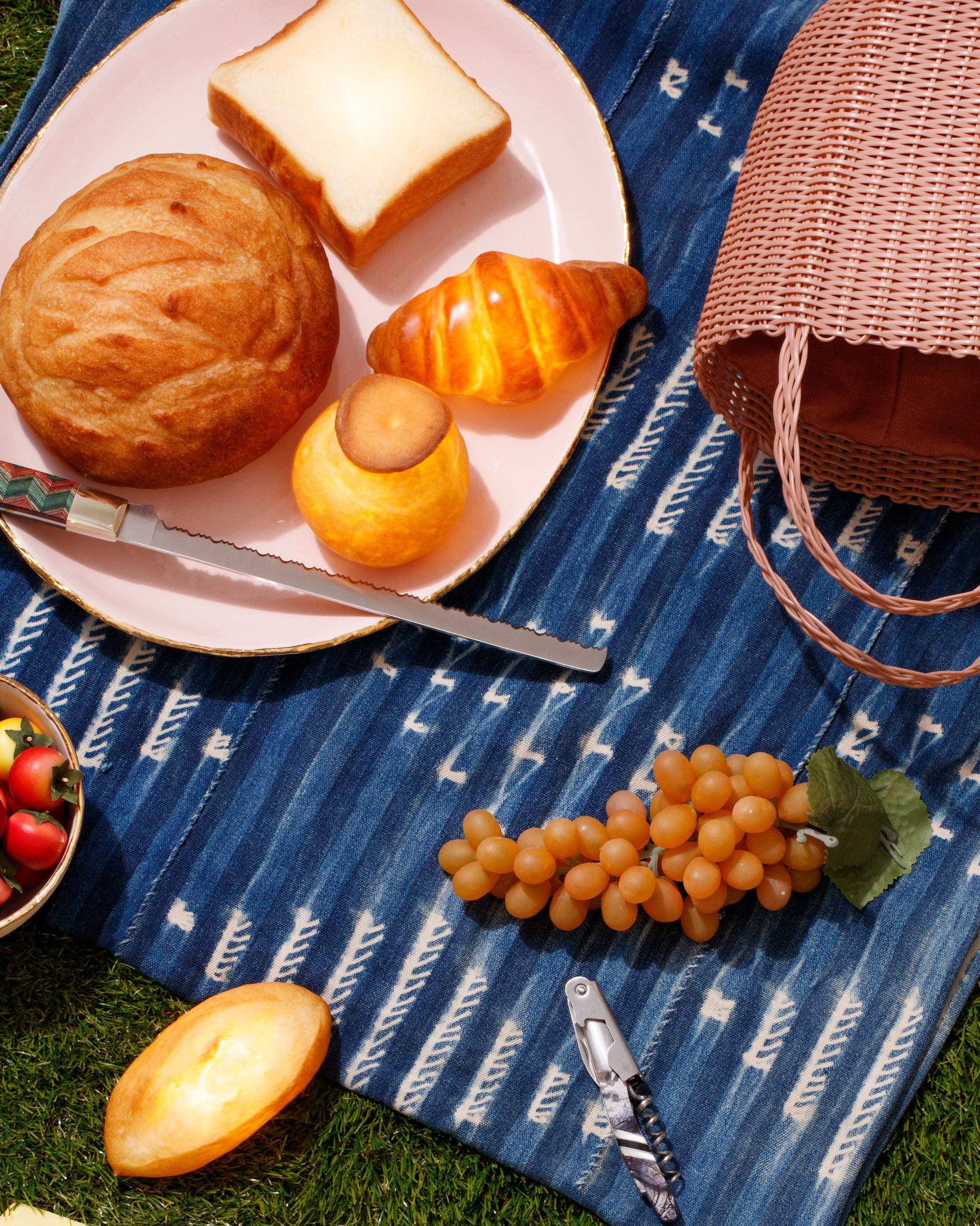Styled Image featuring Pampshade Toast, Croissant, Chamignon Boule and Petit Boule Lamps, with Santa Fe Stoneworks Bread Knife and Waiter's Knife, with a Palorosa Tote Bag Basket.