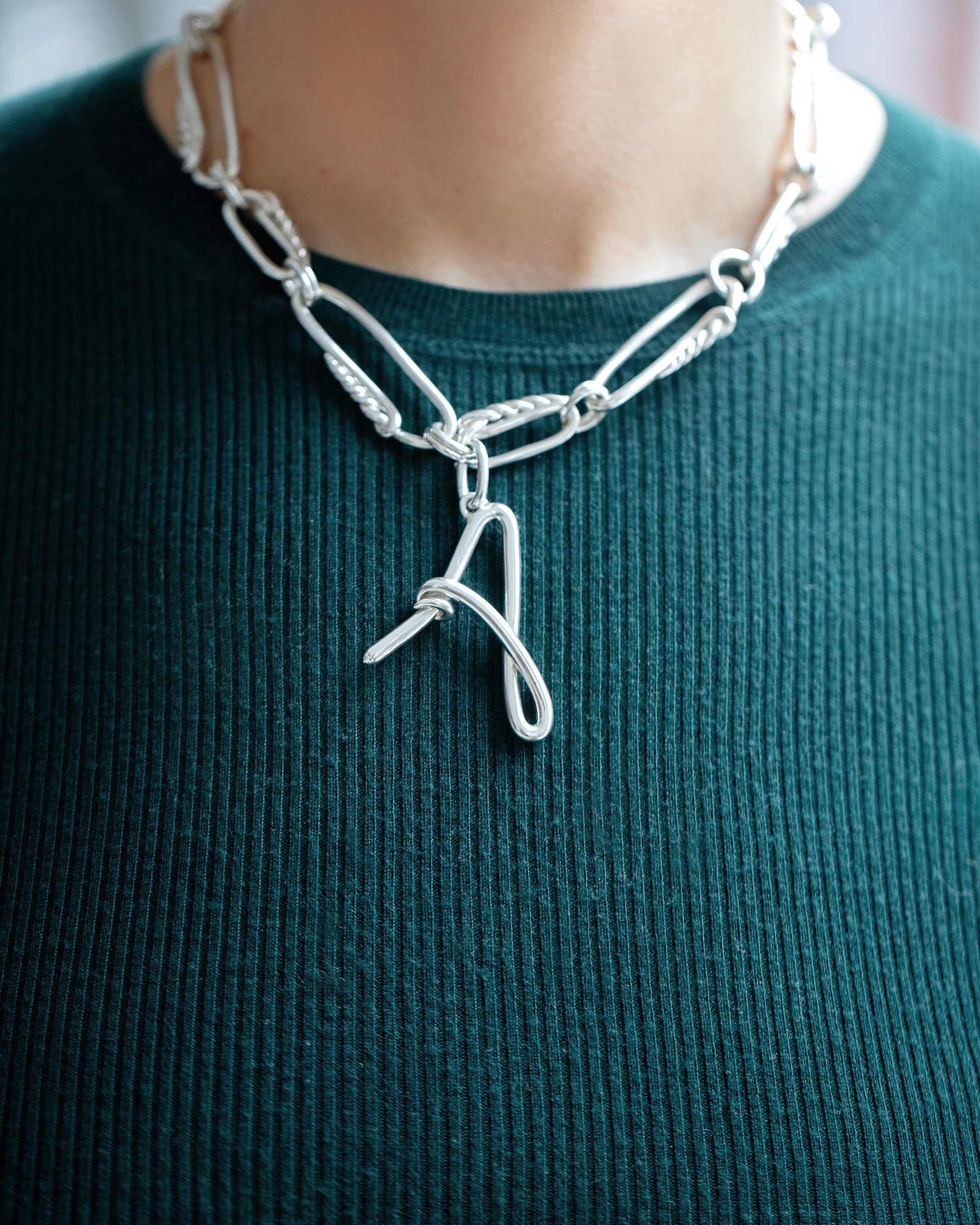 CRZM Sterling Silver Canyon Necklace and CRZM Letter A Large Sterling Silver Letter Charm on model.