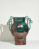Emily Mullin Turquoise and Copper Vessel I on light color background.