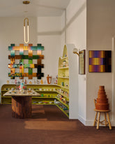 Styled image featuring the Bower Studios Lattice Mirror 4 In Gradient Cyprine, Lattice Mirror 1 and Lattice Mirror 2 in the Mociun Showroom.