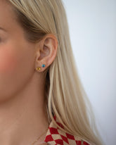 Mega Teal Sapphire Martini Stud Earrings and Super Heliodor Martini Stud Earrings on model.