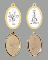 Group of Memento illustration previews in layout and the respective finished and engraved faces of a Large Oval Memento Pendant on light color background.