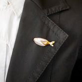 product_details::Frank Fish Brooch on model.
