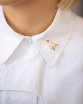 Henrietta Duck Brooch on model.