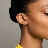 product_details::Diamond Sun & Moon Stud earrings on model.