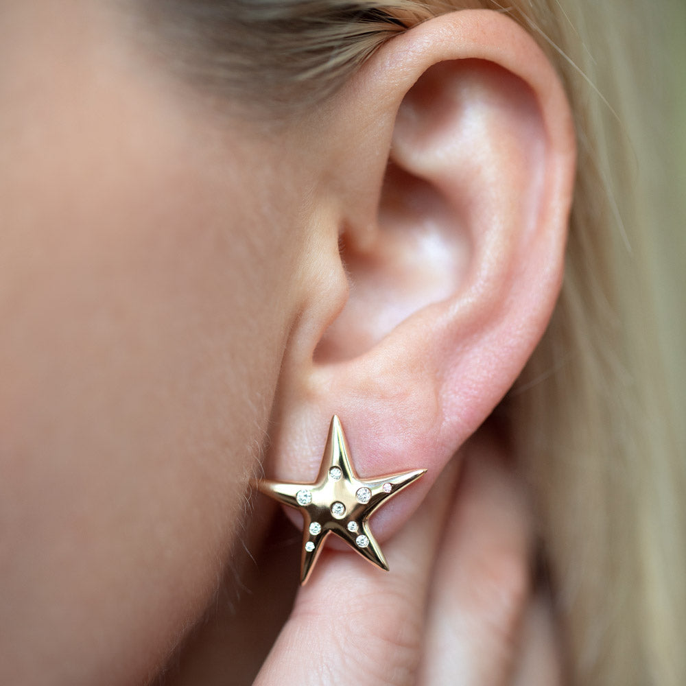 product_details::Verve Interstellar Stud Earrings on model.