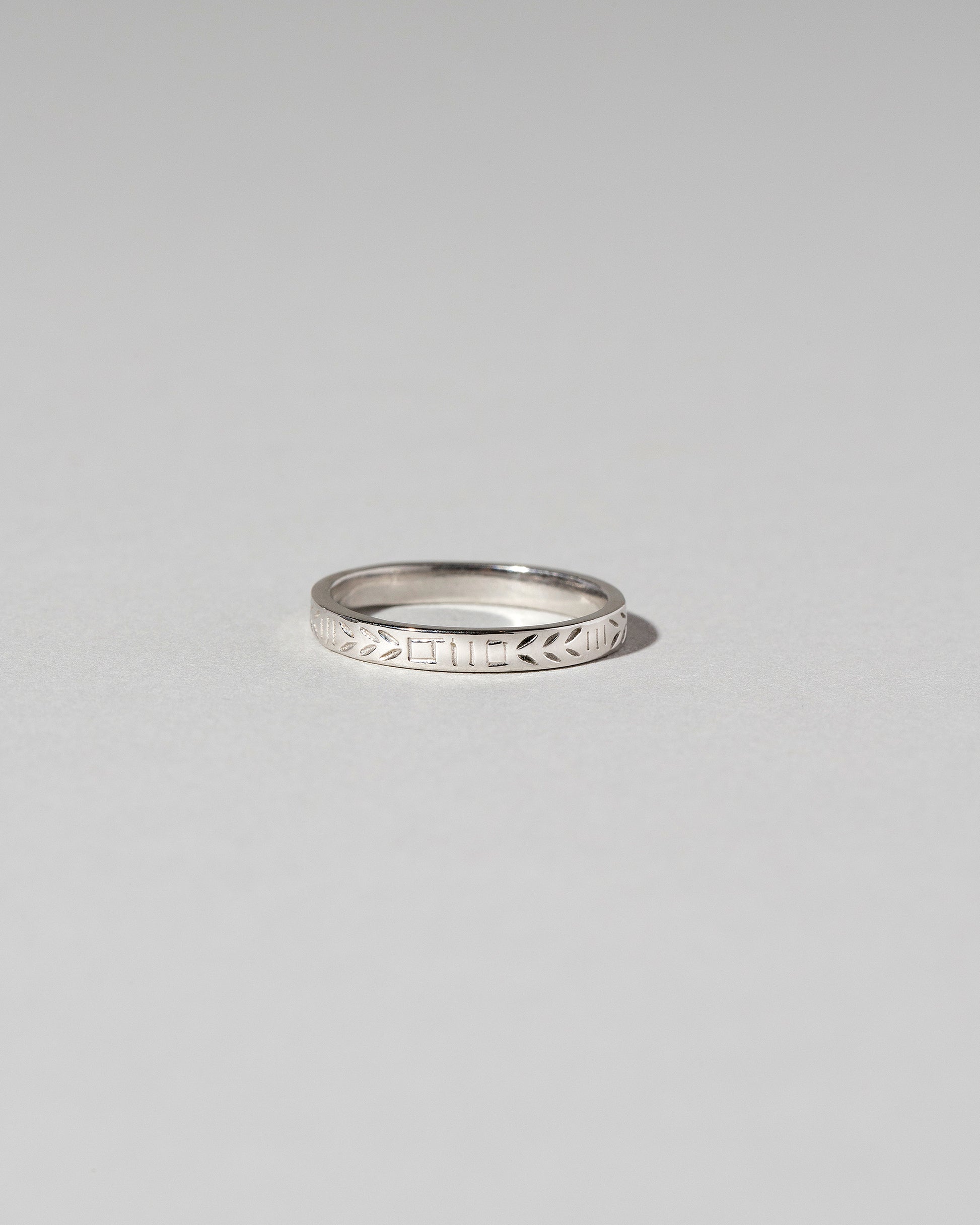 Platinum 3mm Etched Leaf Band on light color background.