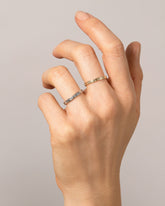 Platinum 3mm Etched Leaf Band and Gold 3mm Etched Leaf Band on model.