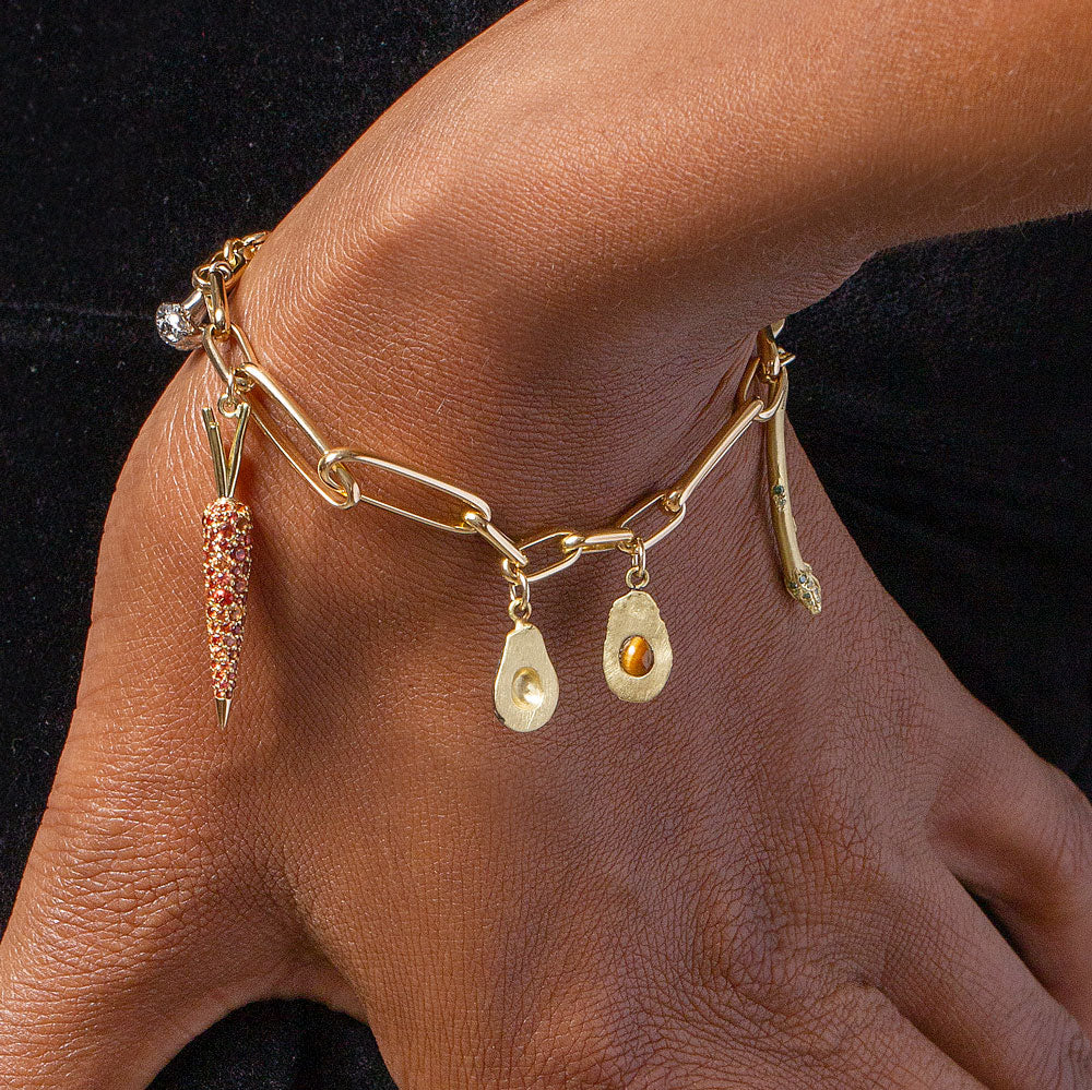 product_details::Link Bracelet with Asparagus Charm, Avocado Charm, Asparagus Charm, Mushroom Charm and Carrot Charm on model.