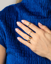 Gold Two Tier Mimosa Band, Gold One Tier Mimosa Band and Gold Three Tier Mimosa Band on model.