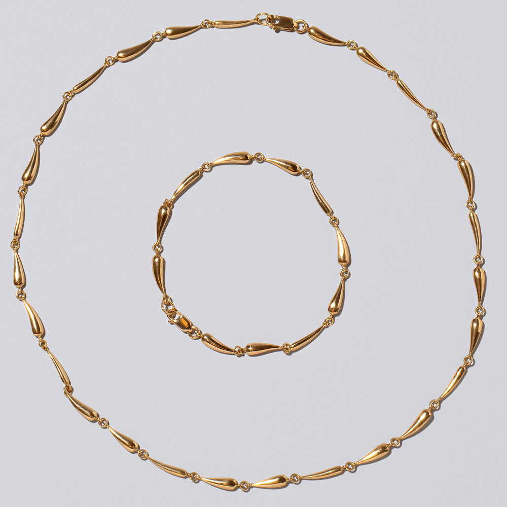 product_details::Closeup view of the Gold Accumulation Necklace & Bracelets Set on light color background.
