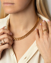 Tapered Flat Curb Chain Necklace on model.