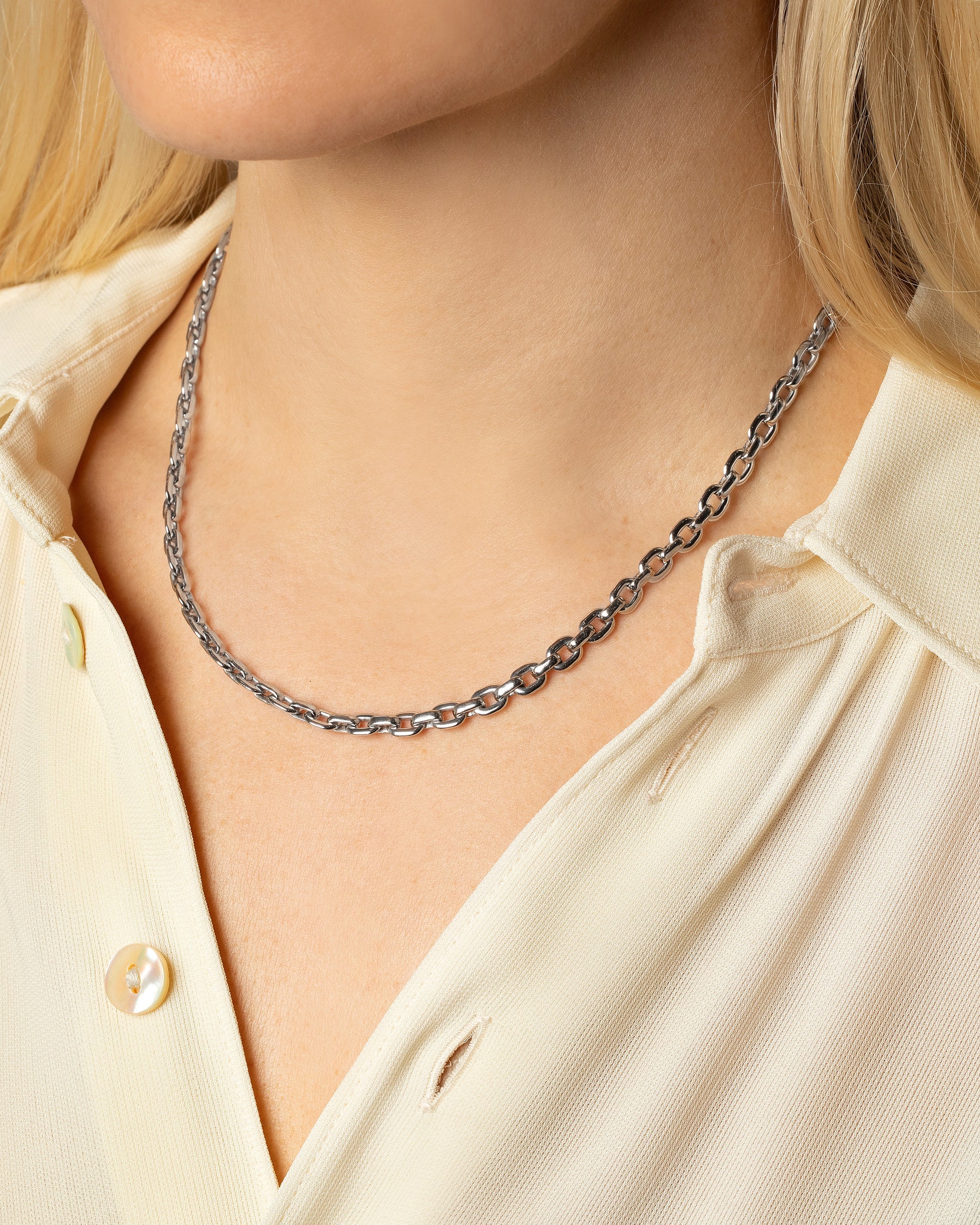 Cartier Oval Cable Chain Necklace on model.