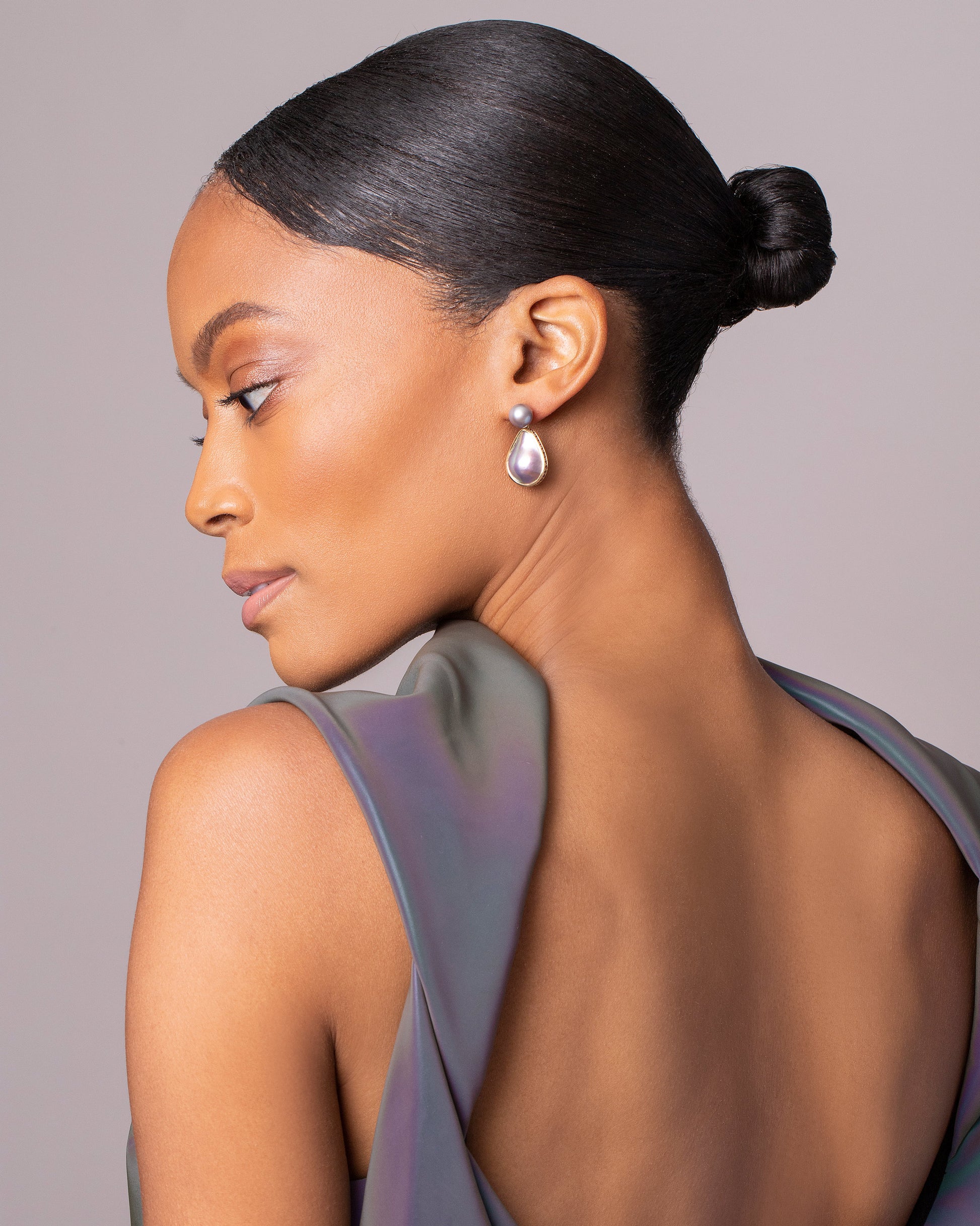 Soft Landscape Earrings on model.