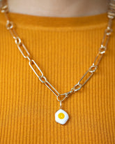 Fried Egg Pendant and Solid Gold Link Necklace on model.