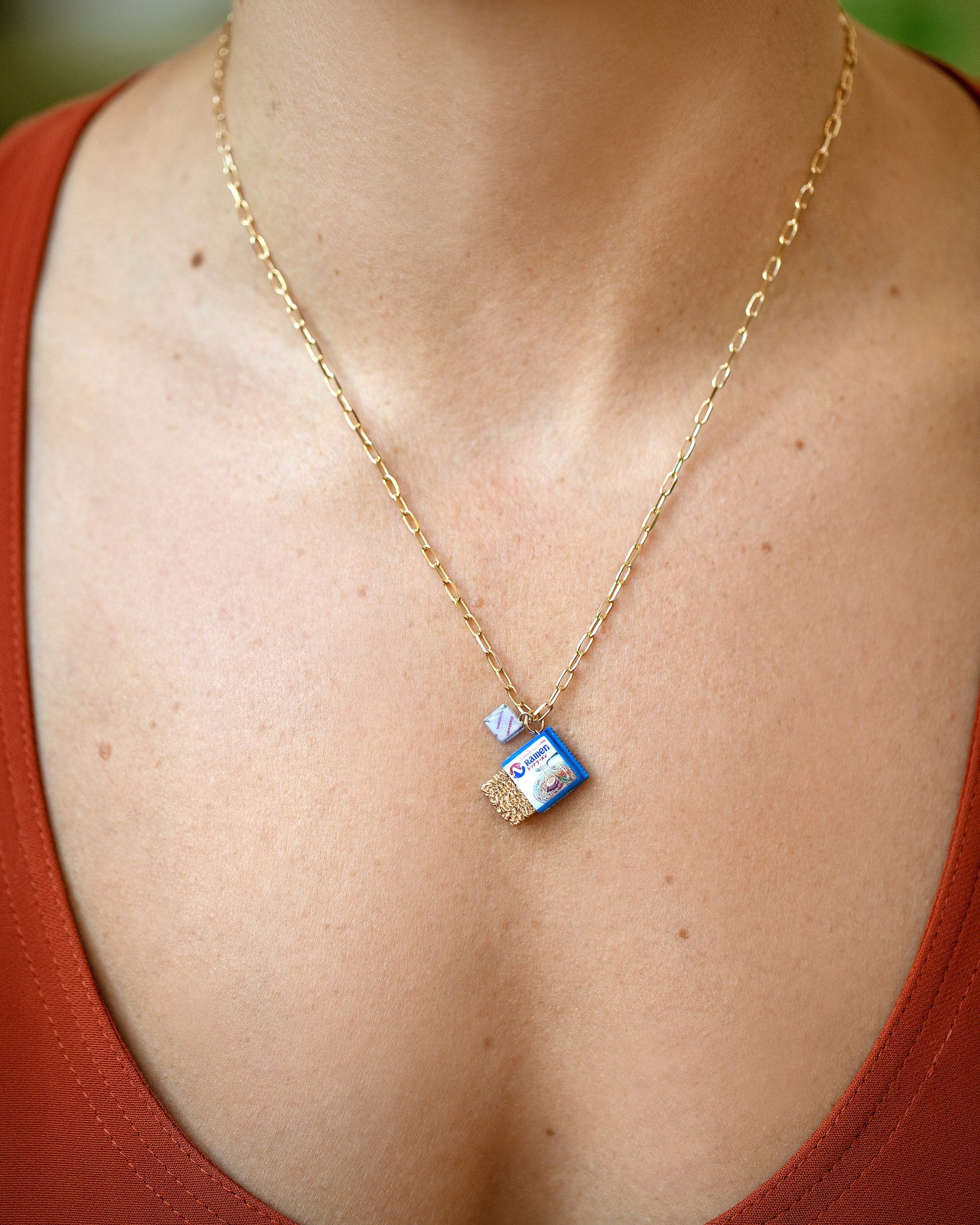 Instant Ramen Charm paired with 3.5mm Beveled Oval Chain Necklace on model. Charm available separately.