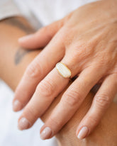 Gold Anhinga Pearl Ring on model.