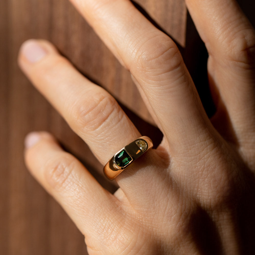 product_details::Archway Ring on model.