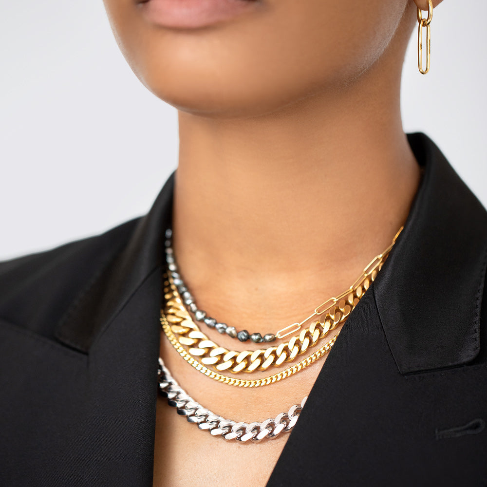 product_details::Silver Cuban Chain on model.