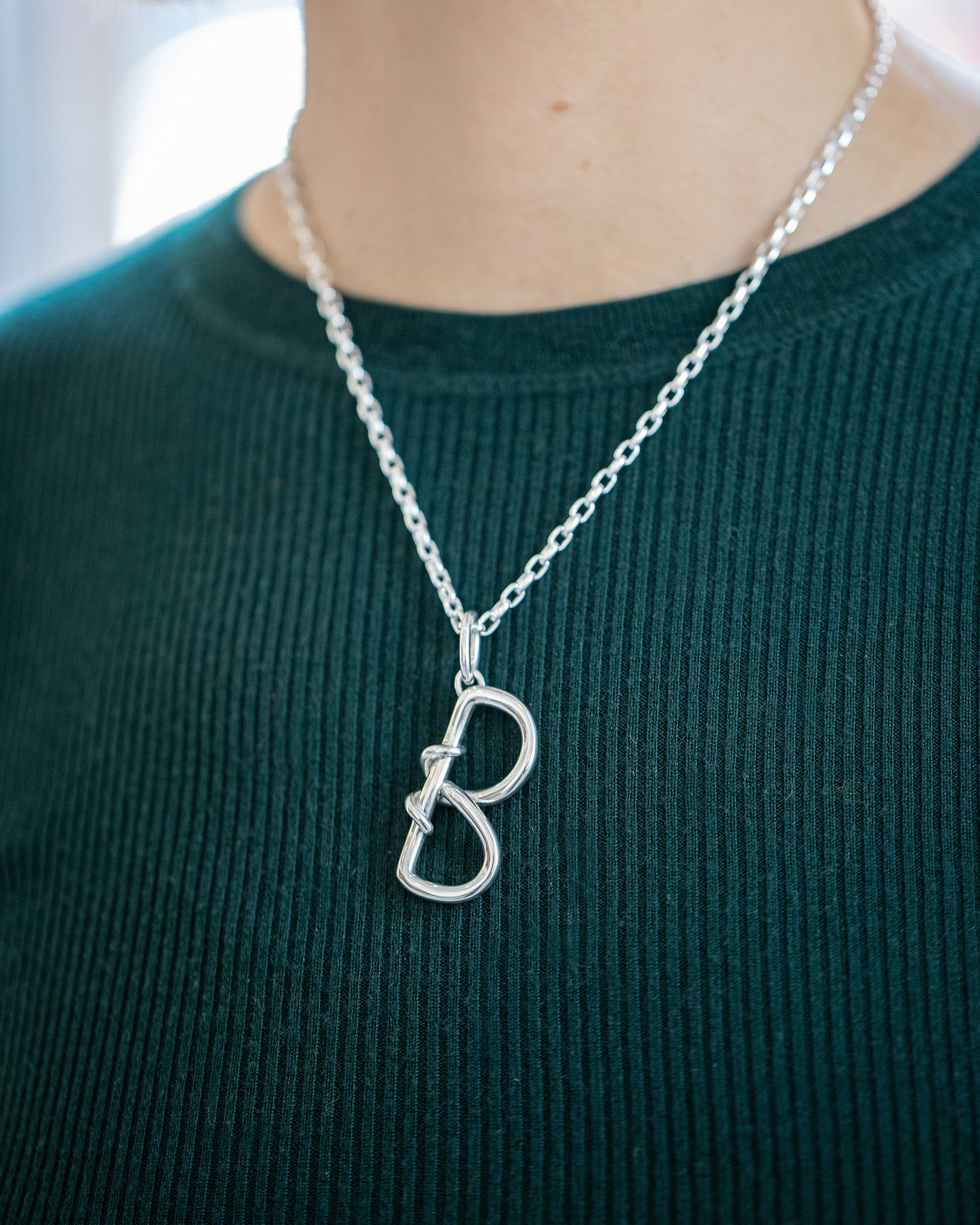 CRZM CRZM 3.2mm Sterling Silver Short Loop Chain Necklace on and CRZM Letter B Large Sterling Silver Letter Charms on model.