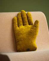 Styled image featuring the Sohn Right Chartreuse Chenille Soft Sculpture Hand Pillow.