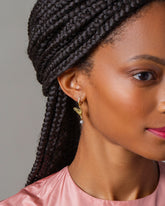 White Radish Charm and Octagon Hoops on model.