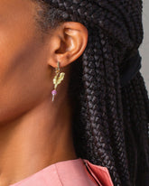 Red Radish Charm and Poppy Bud Flower Hoops on model.