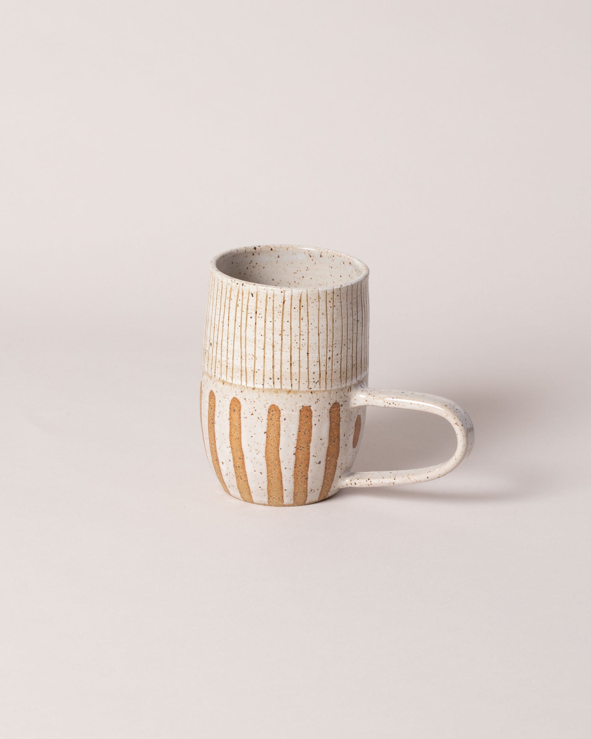  Little Bear Pots White Striped Mug on light color background.