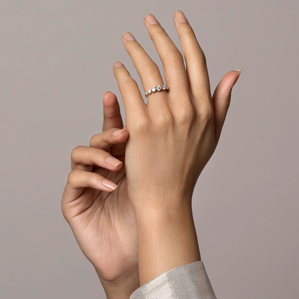 product_details::Diamond & Sapphire Line Cluster Ring on model.