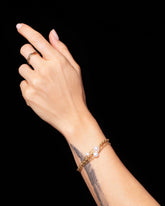 One Pearl Station Bracelet Short Loop Chain, One Pearl Station Bracelet Open Oval Chain and One Pearl Station Bracelet Hot Dog Chain on model.