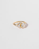 Cluster style ring with white diamonds set in 18k yellow gold, left side close up on light color background.
