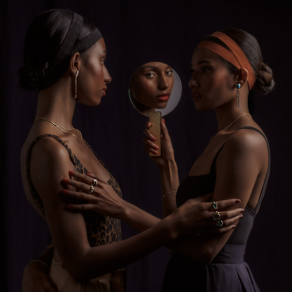product_details::Spiritual Transformation Earrings on model.