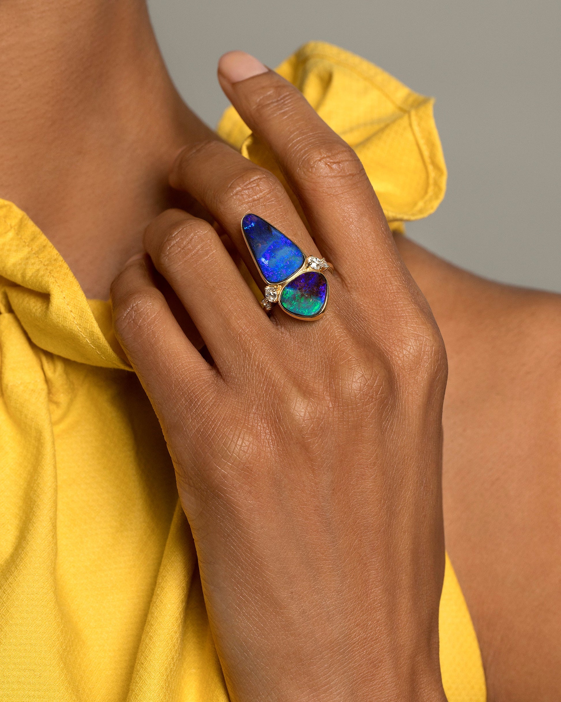 Australian Boulder Opal Ring on model.