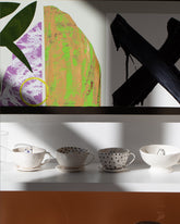 Styled image featuring the Eleonor Boström Default Title and Blue Spots Dog Cup Cat Tea Cup with Saucer and Dog Tea Cup & Saucers.