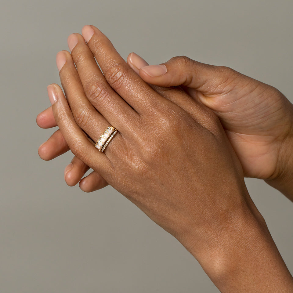 product_details::Five Triangle Ring - White Opal on model.