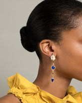 Agate & Lapis Drop Earrings on model.