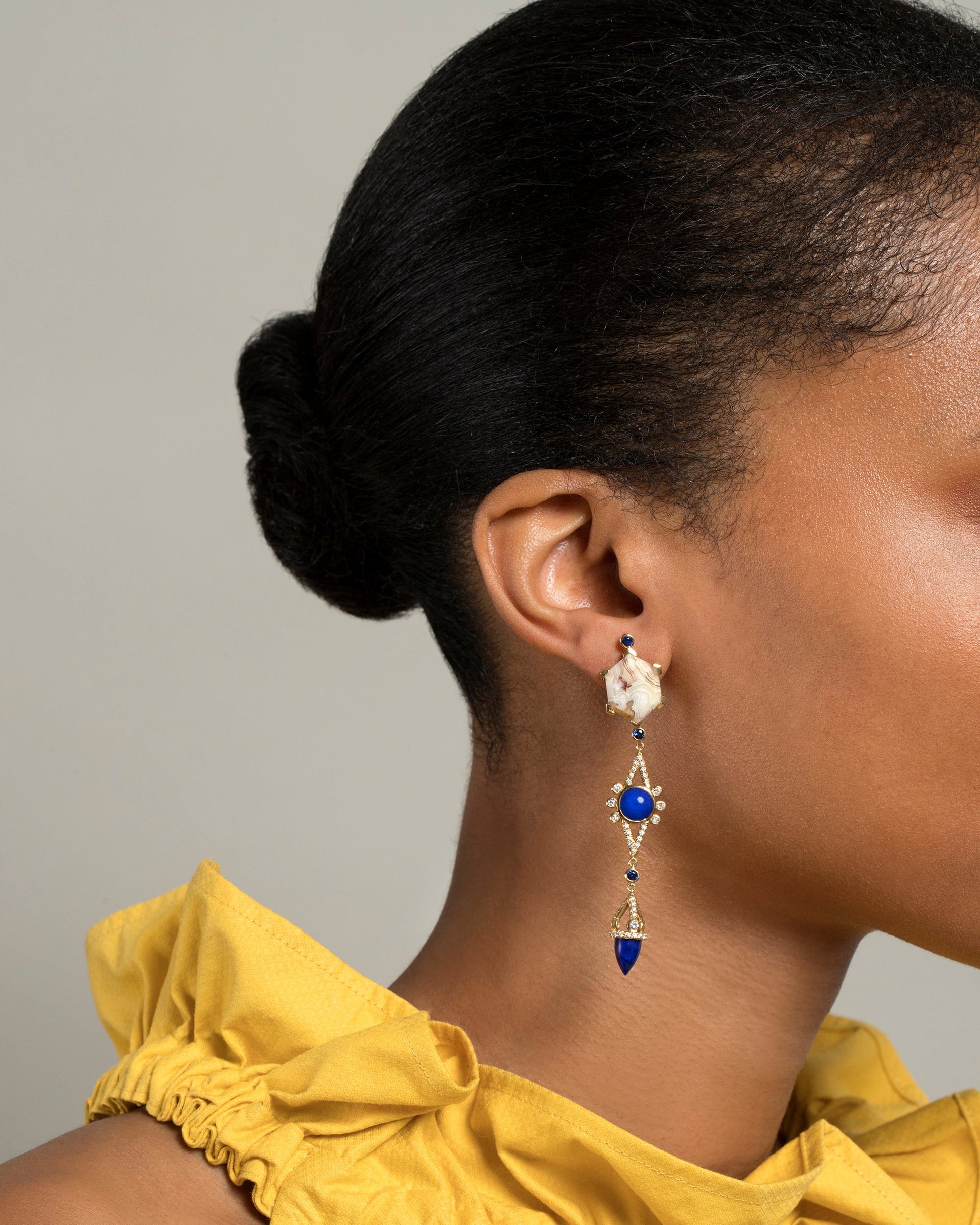 Agate & Lapis Drop Earrings on model.