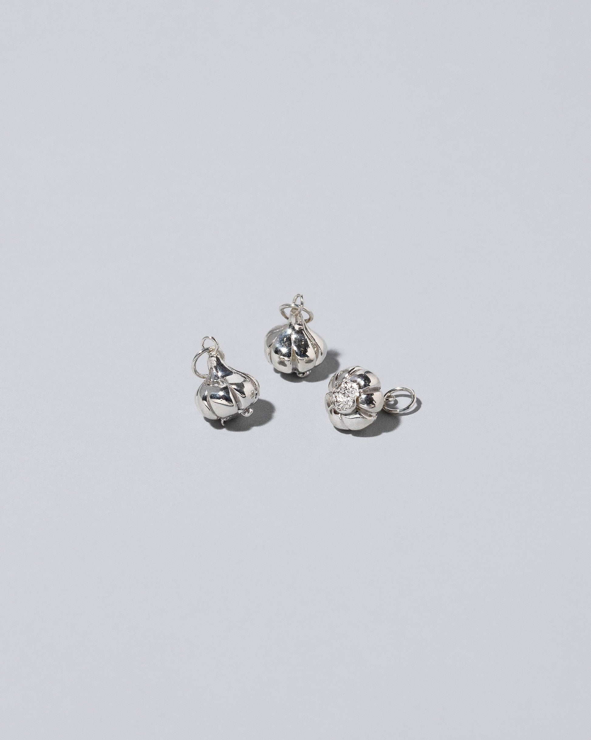 Silver garlic charm on light colored background