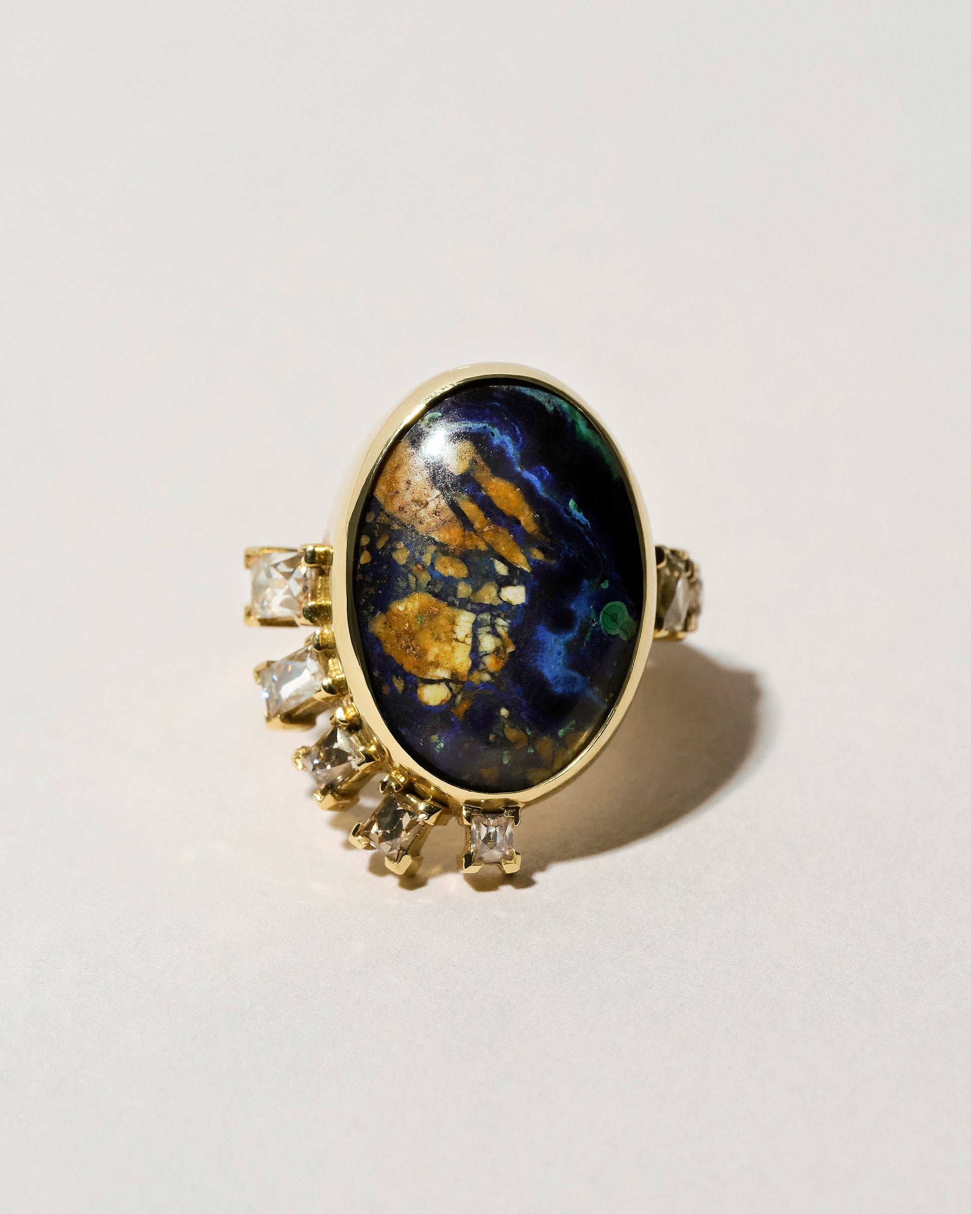 Azurite Malachite & Diamond Ring on light color background.