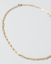 Closeup details of the Long Oval Chain Necklace on light color background.