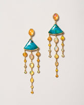 Chrysocolla & Ethiopian Opal Earrings on light color background.